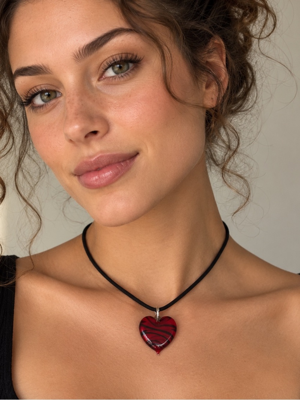 Red & Black Glass Heart Pendant Necklace on Cord